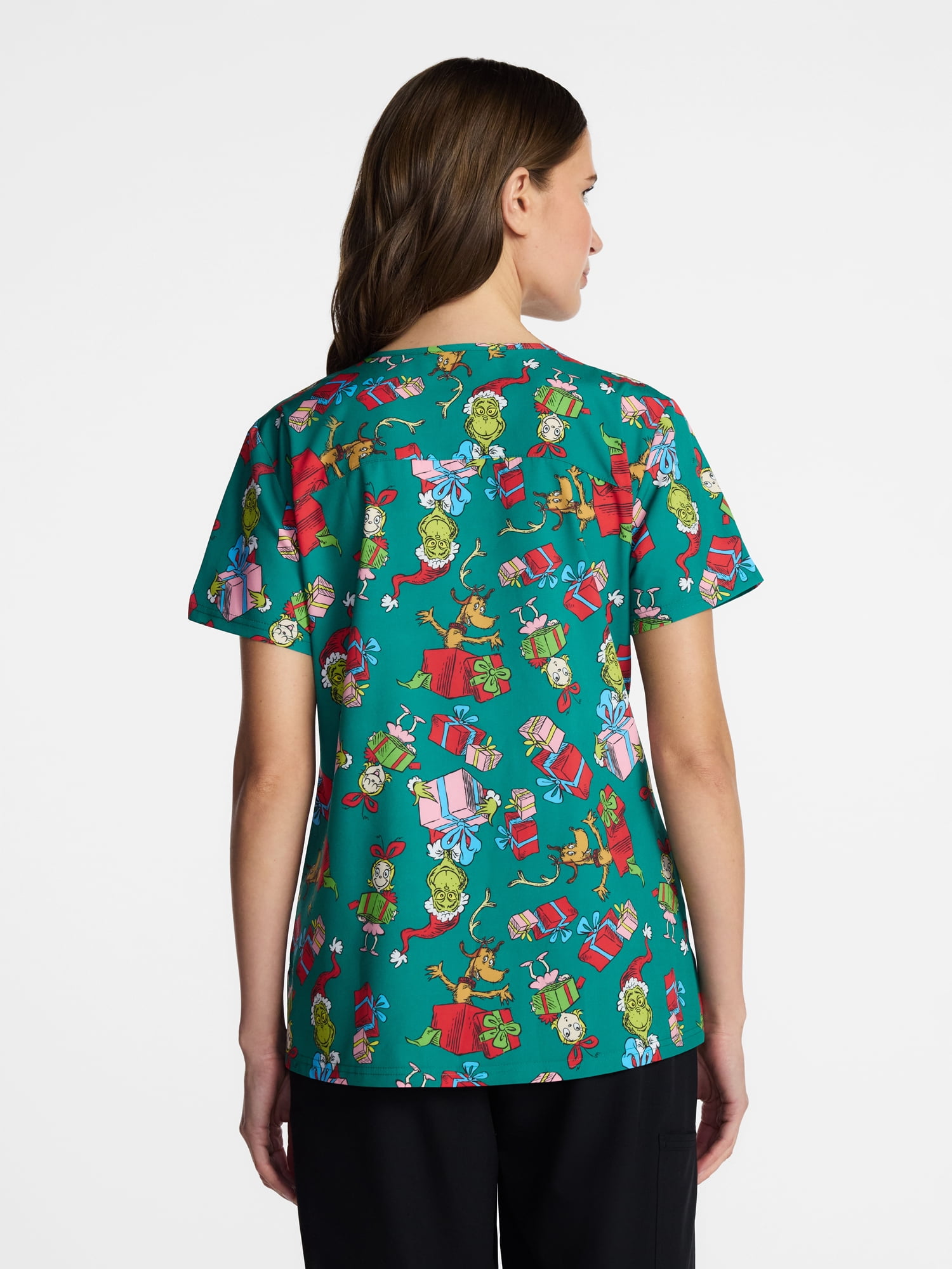 Dr. Seuss The Grinch Women's Holiday Scrub Top with Short Sleeves, Sizes S-XXXL