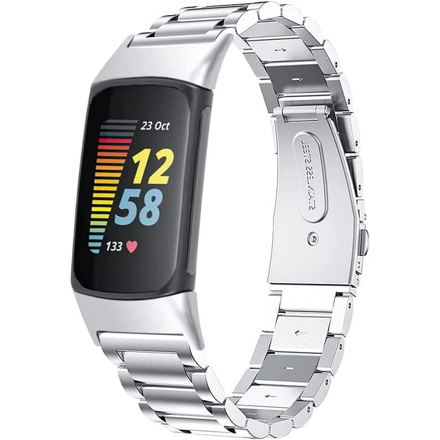 Bands Compatible with Fitbit Charge 6/Charge 5 Metal Stainless Steel WatchBand-Replacement Classic Durable Solid Link Accessory Buckle Metal Strap Wrist Band for Charge 6/Charge 5 Fitness Tracker