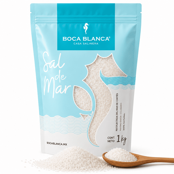 Sal de Mar orgánica pura BOCA BLANCA - Natural del mar de Cortés, bolsa de 1 kg, libre de químicos, Kosher certificada, ideal para fines culinarios, Sal marina sin refinar 100% BOCA BLANCA Sal de mar natural