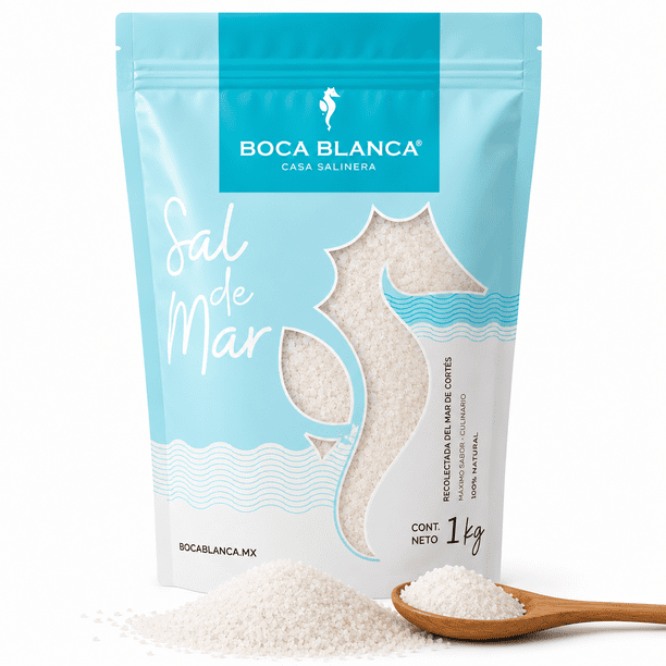 Sal de Mar orgánica pura BOCA BLANCA - Natural del mar de Cortés, bolsa de 1 kg, libre de químicos, Kosher certificada, ideal para fines culinarios, Sal marina sin refinar 100%