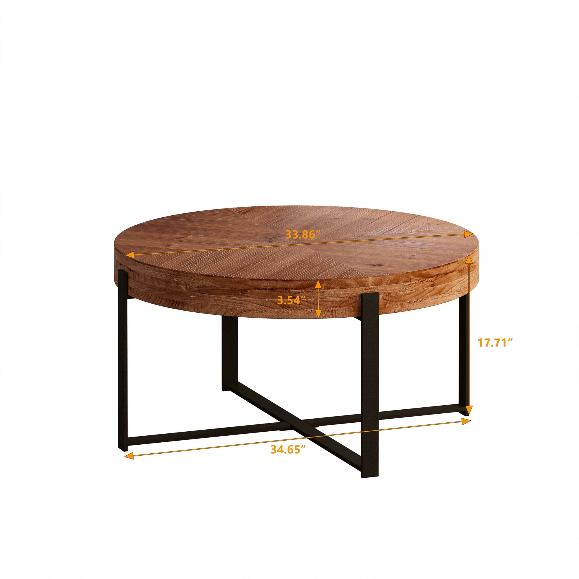 Shunda K Modern Round Wood Coffee Table with Metal Legs, Brown/Black
