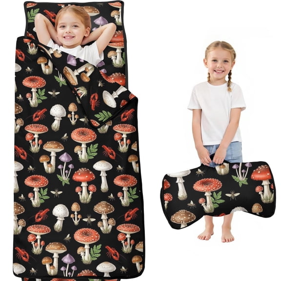 Mushroom and Lobster Black Pattern Teens Toddler Nap Mat with Pillow, Sleeping Mat Bag for Preschool Daycare 59"x22"