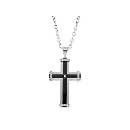Welry Men's Two-Tone Cross Pendant Necklace with Cubic Zirconias in Stainless Steel & Black Ion Plating, 22"
