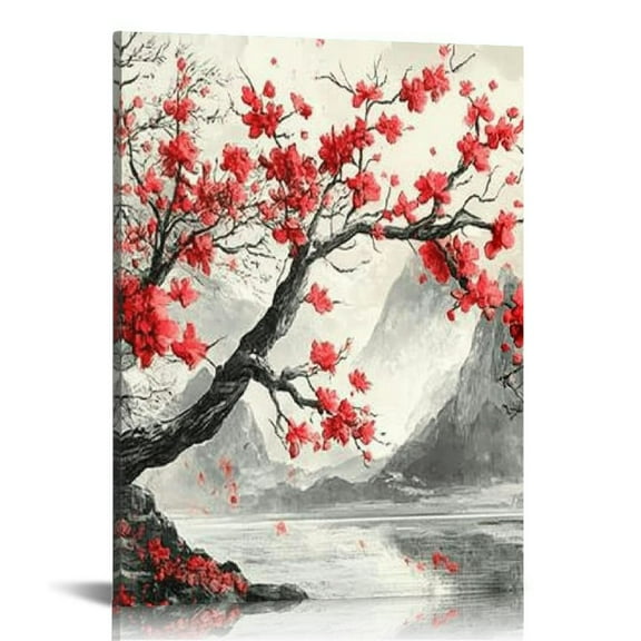 LHONGY Large Plum Canvas Wall Art Traditional Chinese Painting Mountain Lake Flower Blossom Tree Picture Prints Modern Black and Red Landscape 12x16 in