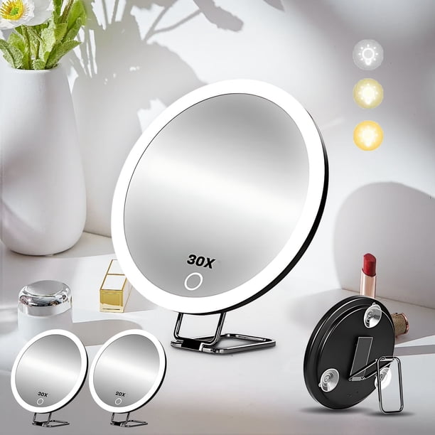 Espejo de Maquillaje Recargable con Luz Led, Rotación de 360° y Aumento | Espejo de Tocador con Brillo Ajustable, Amplificación de Luz y Soporte