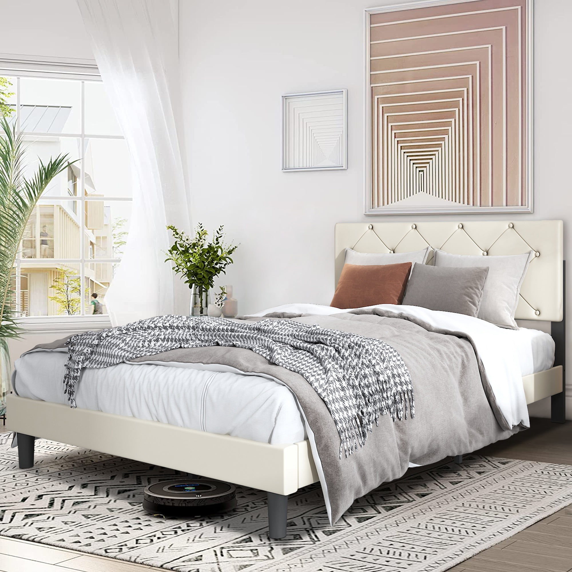SYNGAR White Faux Leather Upholstered Platform Bed Frame Queen Size