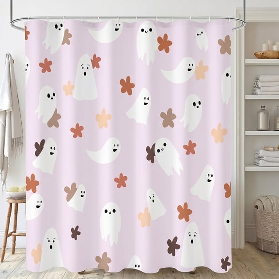 72x72in Pink Boho Floral Cute Ghost Fabric Shower Curtain for Halloween
