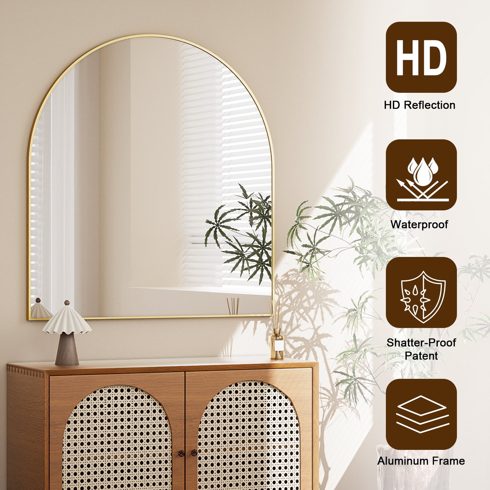 SHATTERVIEW 32"x34" Bathroom Wall Mounted Mirror Arched Hanging Vanity Mirror, Gold