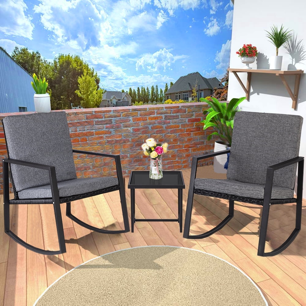 3 Piece Wicker Rocking Chair Set, Patio Furniture with 2 Rocking Chairs