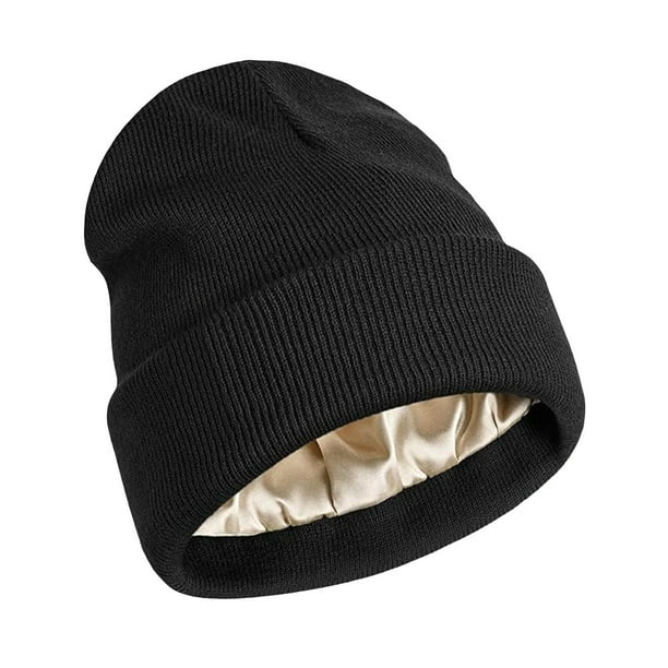 Gorro de invierno holgado y cálido con interior de seda, accesorio para hombre y mujer, elástico, talla única. Negro