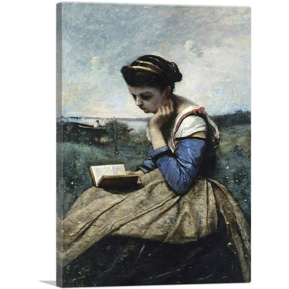 ARTCANVAS A Woman Reading 1869 Canvas Art Print by Jean-Baptiste-Camille Corot - Size: 26" x 18" (0.75" Deep)