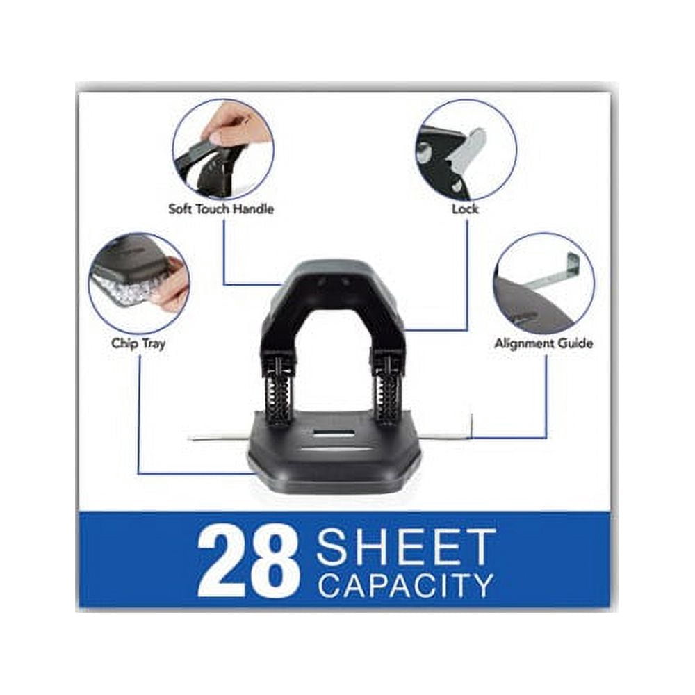 28-Sheet Comfort Handle Steel Two-Hole Punch 1/4" Holes, Black/Gray