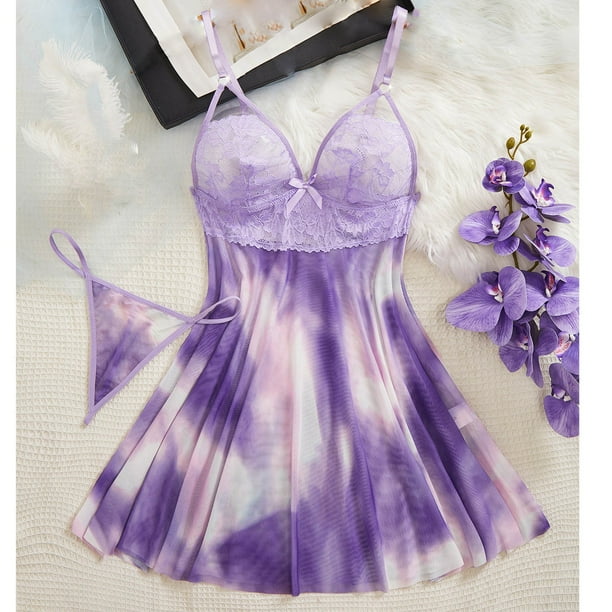 Puntoco Conjuntos de pijama cómodos para mujer, conjunto de lencería erótica con falda corta de encaje con borlas y cuello colgante de talla grande para mujer