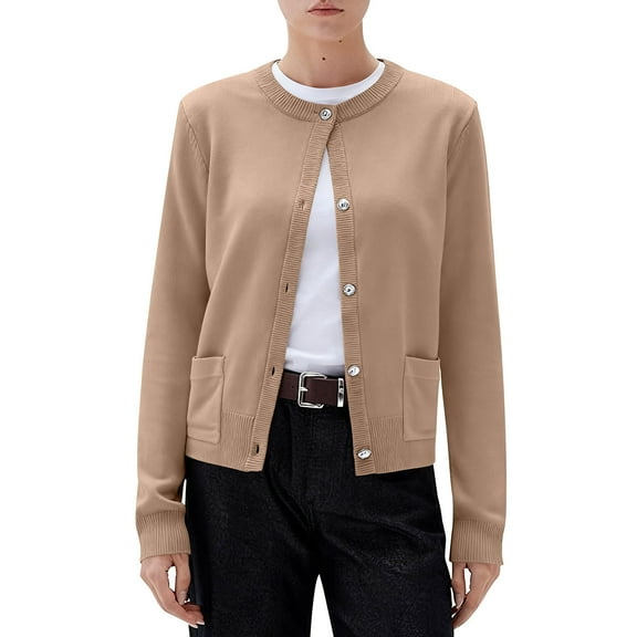 Ashirexll Womens Fleece Coats, Winter Coats for Women, Knitted Button Up Cardigan Solid Color Long Sleeve Round Neck Sweater