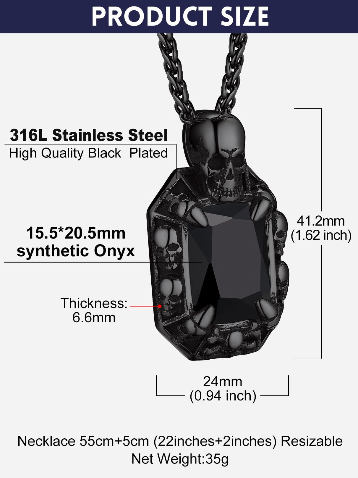 Bandmax Gothic Style Men Black Stainless Steel Necklace Skull Pendant for Men Women Black Onyx Pendant Biker Necklace Gift