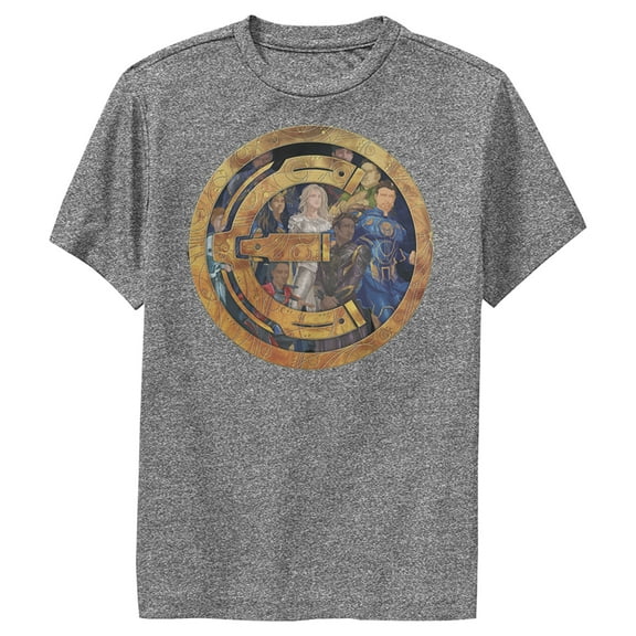 Boy's Marvel Eternals Group Gold Badge  Performance Graphic Tee Charcoal Heather Large