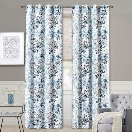 DriftAway Acacia Floral Blossom Watercolor Printed 100 Percent Blackout Room Darkening Thermal Insulated Grommet Window Curtains 2 Panels Each Size 52 Inch by 106 Inch Navy