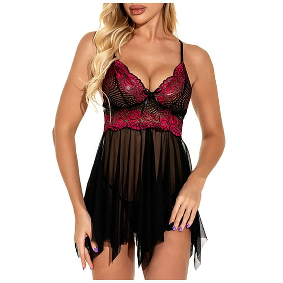 Puntoco Plus Size Nightdress Clearance,Women Lingerie Lace V-Neck Camis Bowknot Mesh Temptation Babydoll Underwear Sleepwear Nightdress Wine S(S)