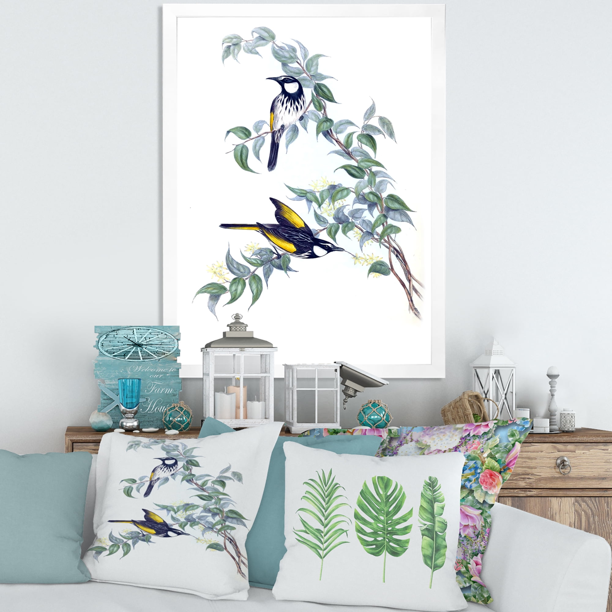 Designart 'Ancient Australian Birds On A Branch' Traditional Framed Art Print