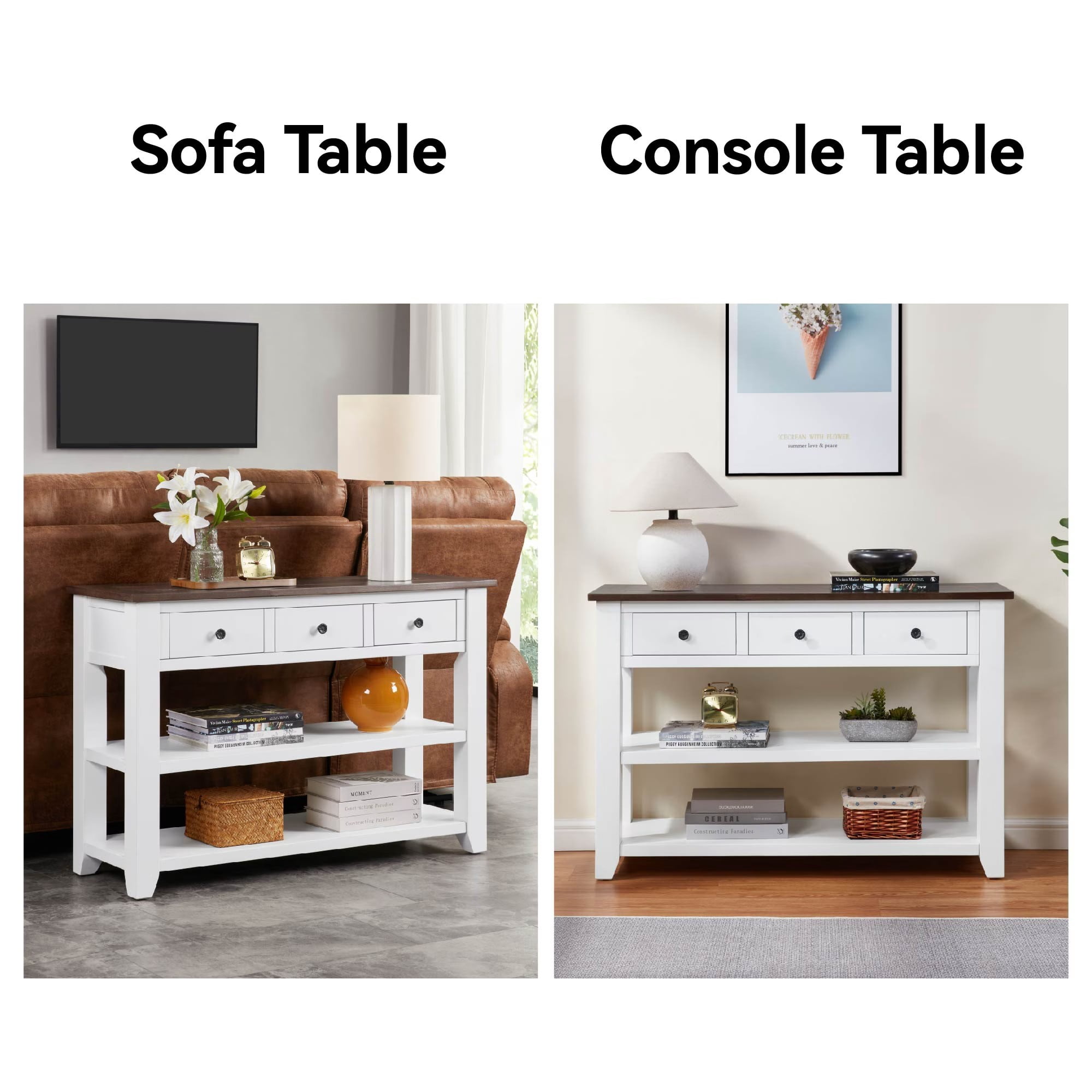 avobird Solid Wood Entryway Table,Features Two Open Shelves and Three Drawers,Vintage Design Table, Suitable for the Living Room,White