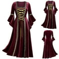 thumbnail image 3 of TIHLMK Casual Dress Women's Square Collar Patchwork Bandage Long Sleeve Robe Long Dress Wine, 3 of 6