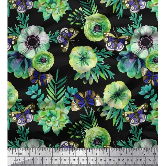 Soimoi Green Cotton Duck Fabric Leaves,Insect & Anemone Flower Print Fabric by Yard 42 Inch Wide