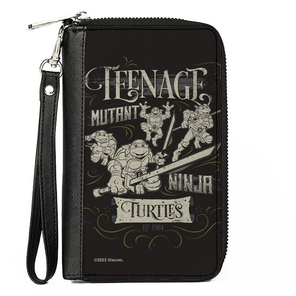 Nickelodeon Wallet, Zip Around, Ninja Turtles Est. 1984 Action Poses Black White, Vegan Leather