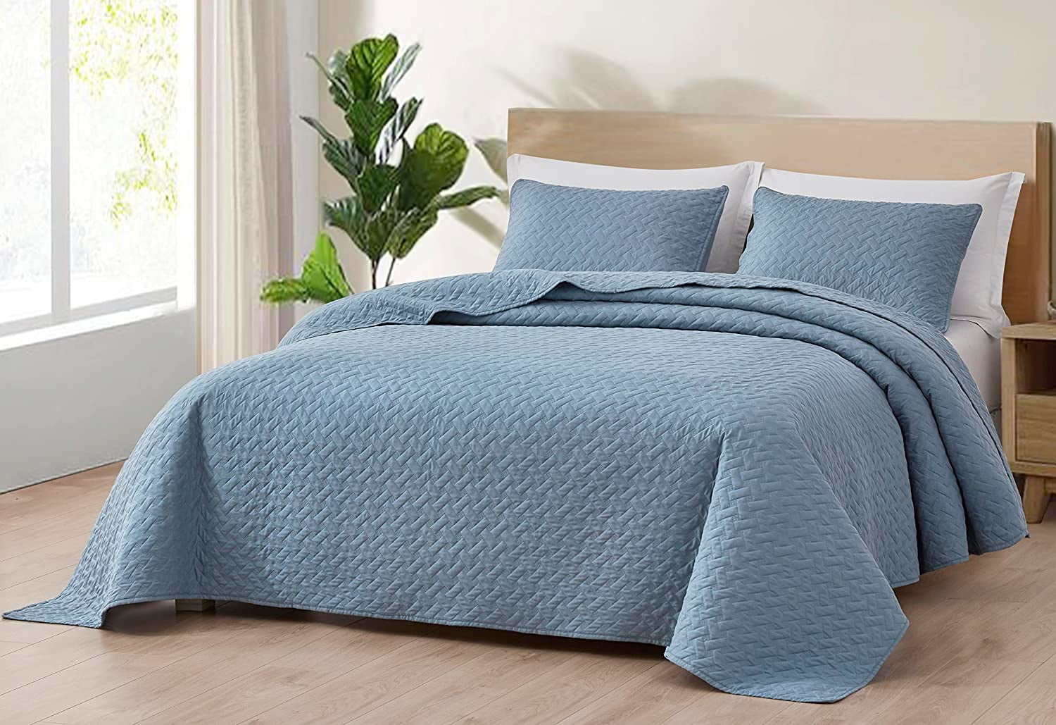 Chezmoi Collection Randall 3-Piece Soft Cooling Bamboo Fiber Quilt Bedspread Basketweave Quilted Coverlet Set (King, Blue)