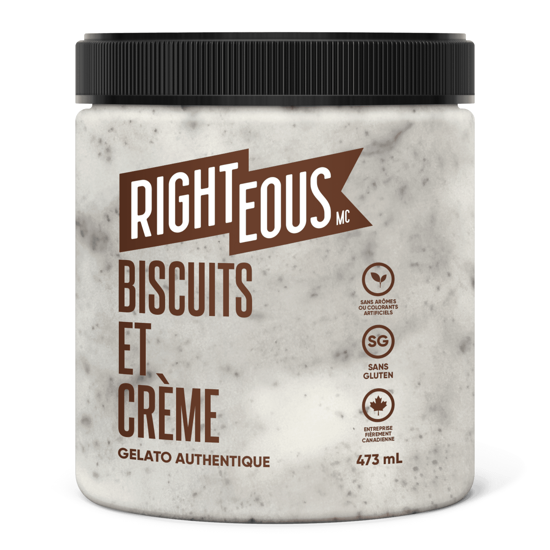 RT COOKIES & CREAM, RIGHTEOUS GELATO COOKIES & CREAM-Vanilla gelato with gluten free chocolate wafer cookies.