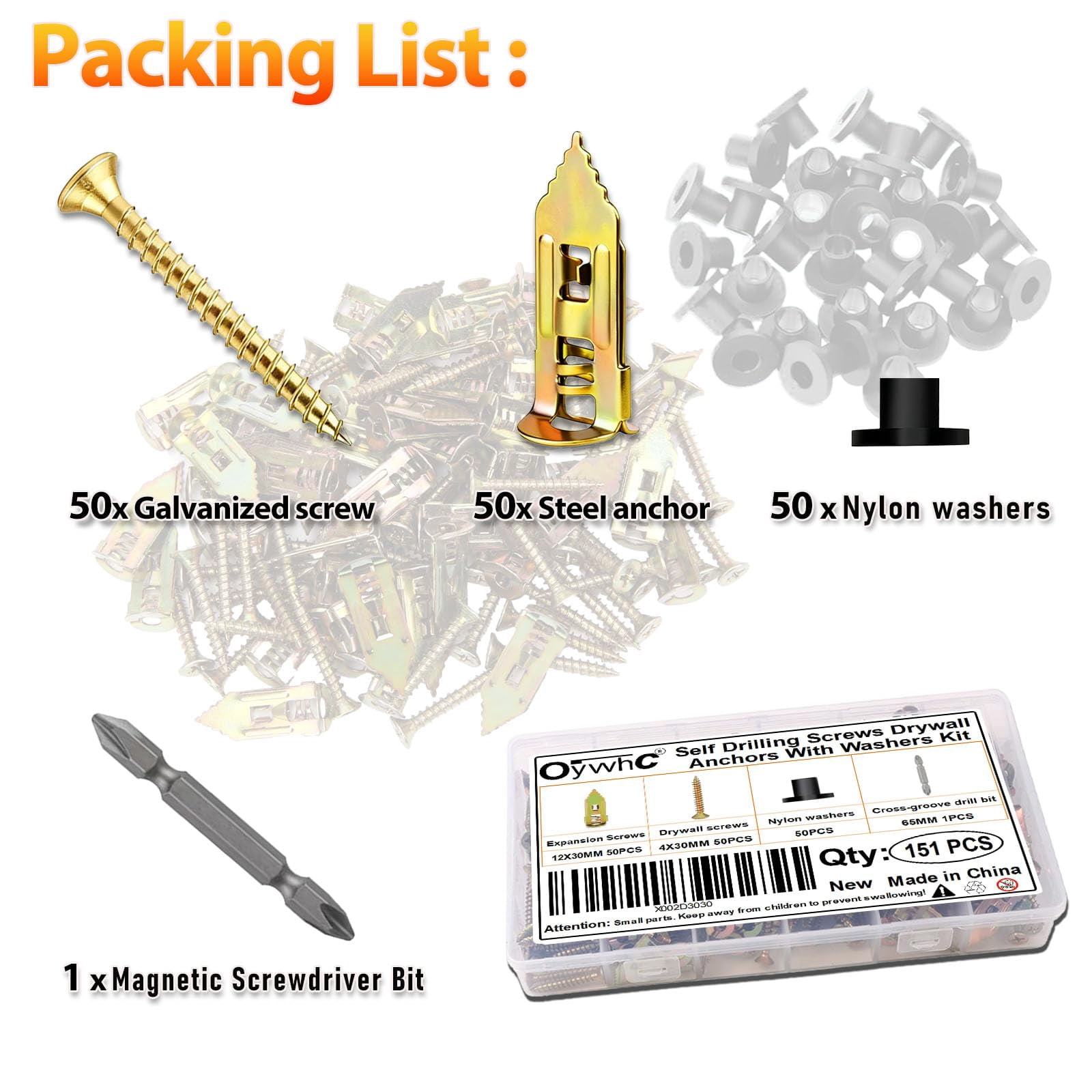 151Pcs Self Drilling Drywall Anchors Kit, 50 Sheetrock Anchors, 50 Screws(M4 X 40MM), 50 Washers & 1 Phillips Bit, No Drill Needed for Wall Decoration, Fixing & Hanging