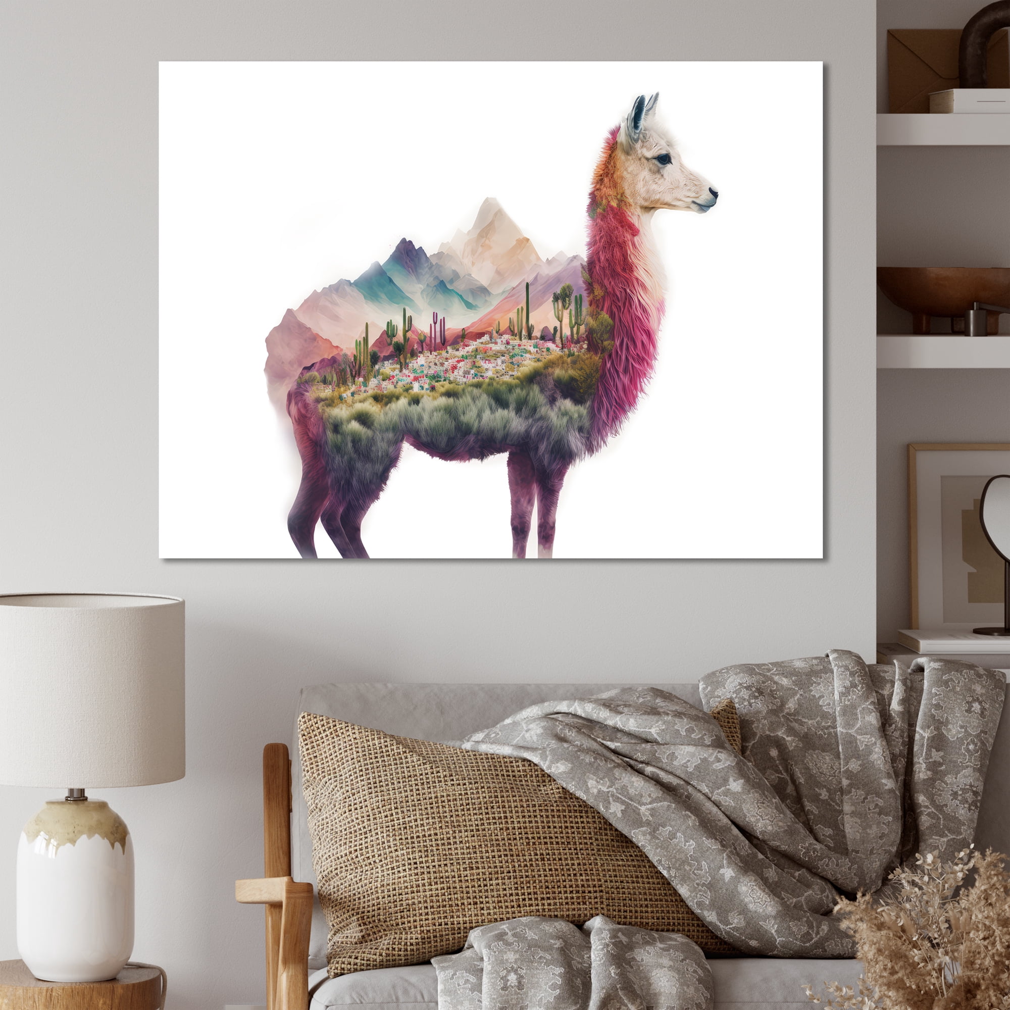 Designart Double Exposure Of A Llama With Nature Landscape Canvas Wall Art