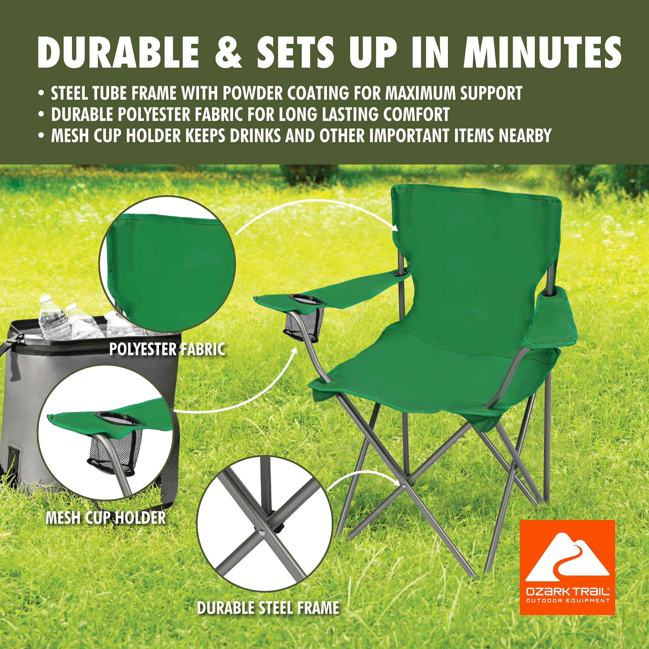 Ozark Trail Quad Folding Camp Chair with Cup Holder, Bright Green