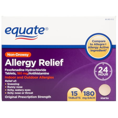 Equate Non-Drowsy Allergy Relief Fexofenadine Hydrochloride Tablets, 180 mg, 15 Ct