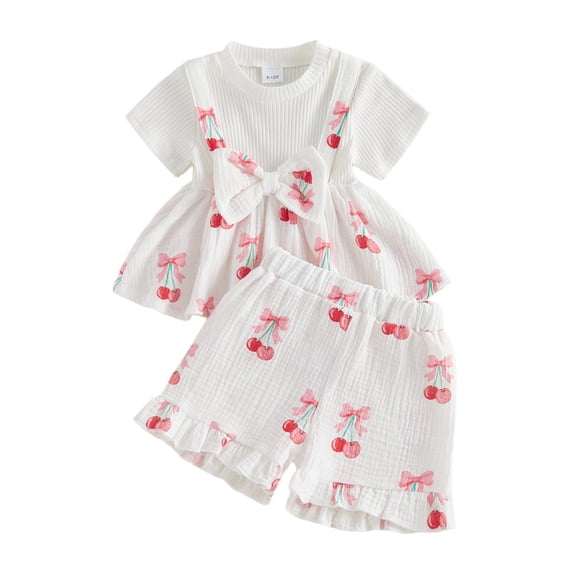 NIEWTR Infant Toddler Baby Girl Summer Clothes Bow Embroidery Short Sleeve T Shirts Top Shorts 2 Piece Summer Outfits Set 2Pcs Summer Gift Set 18-24 Months,White