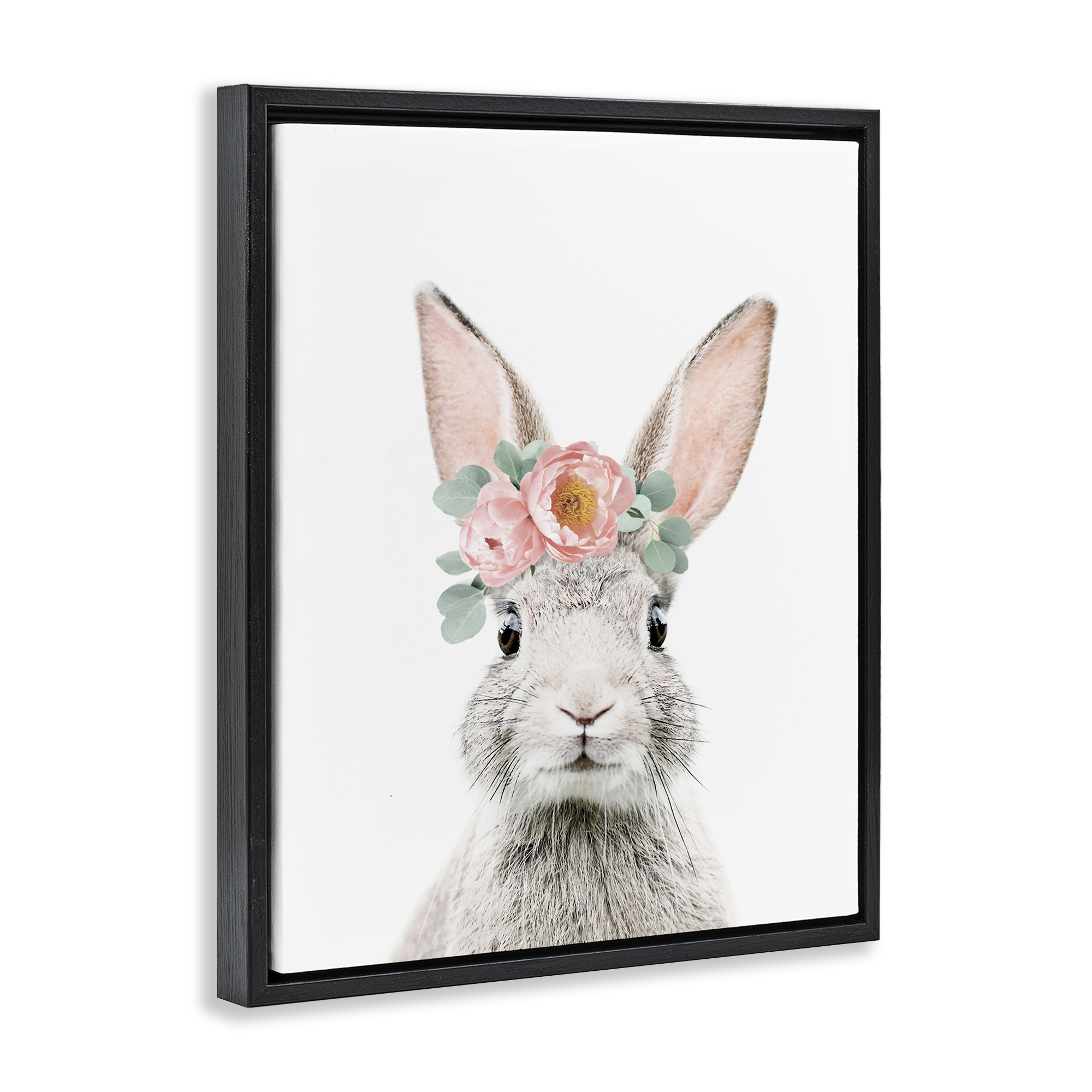 Stupell Industries Pink Flower Bunny Animals Painting Black Floater Framed Canvas Art Print Wall Art, 25 x 31
