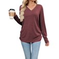 thumbnail image 3 of Womens T Shirts V Neck Long Sleeve Casual Tops Soft Solid Basic Tee Jujube Red XL, 3 of 9