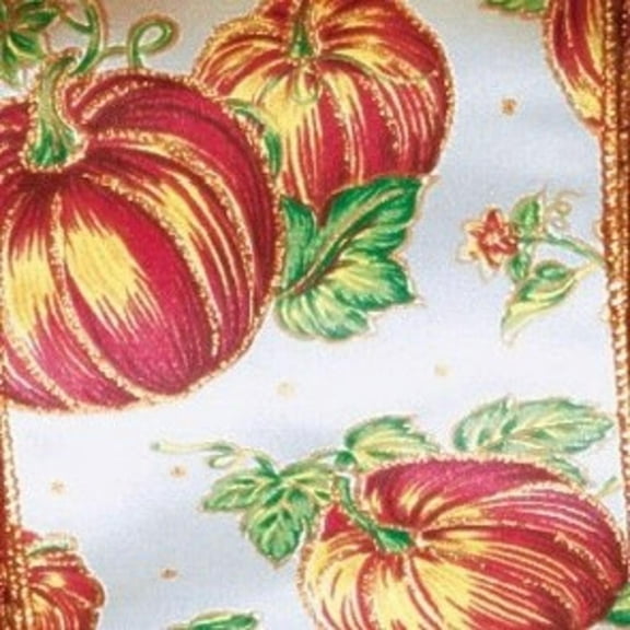 The Ribbon People Ivory Satin with Orange Pumpkin Print Wired Craft Ribbon 2" x 20 Yards