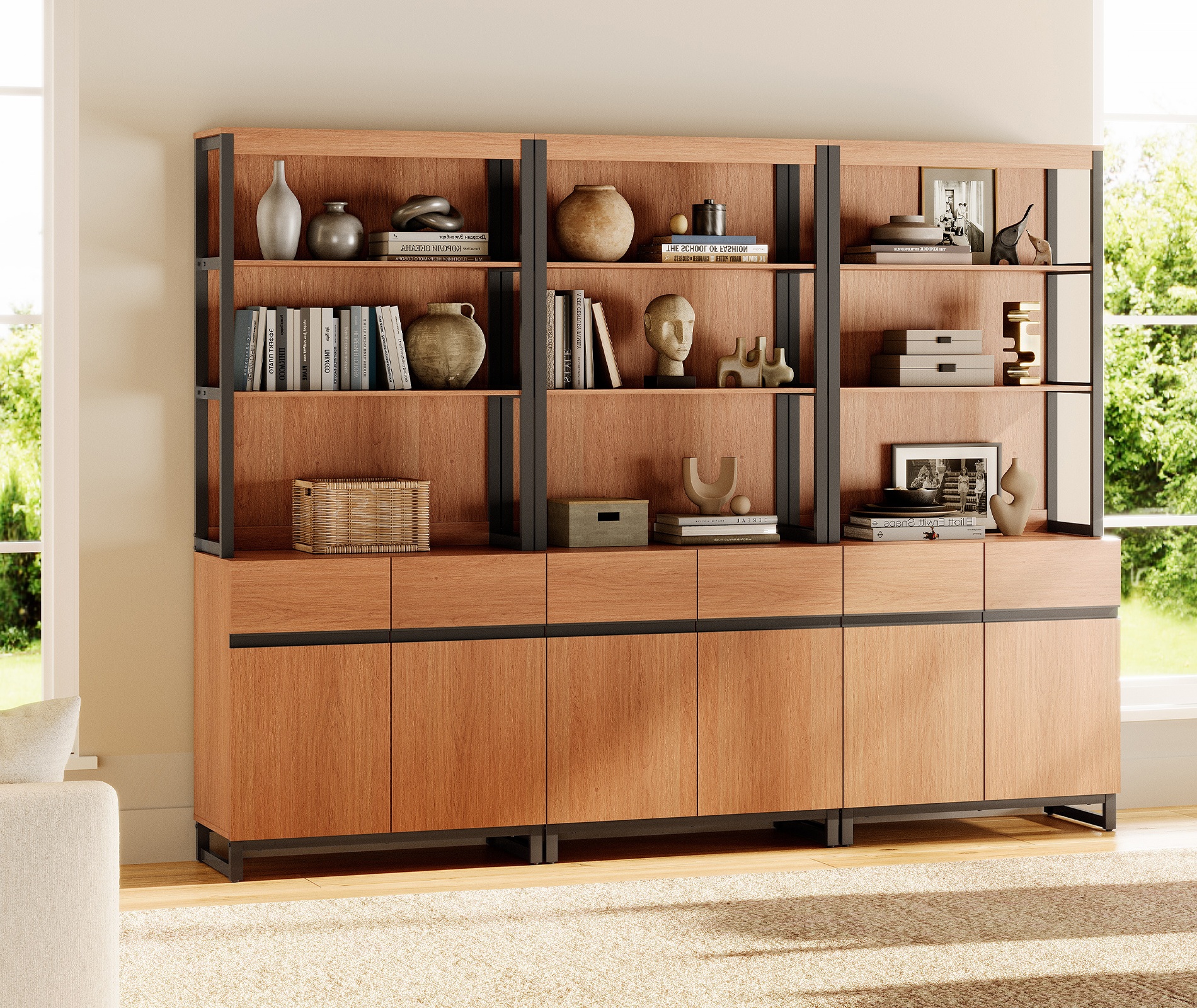 WAMPAT 3 PCS Modern 72" Tall Bookcases with Metal Base and Adjustable Shelves, Library Book Shelf with Storage Cabinet and Open Book Shelfs, Wood Bookshelves for Home Office, Living Room, Mocha
