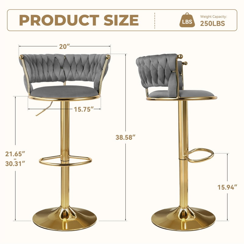 Hawsaiy Modern Velvet Bar Stools Set of 4, Adjustable Height Woven Back Bar Chairs with Footrest and Swivel for Kitchen Island & Dining Room, Dark Gray