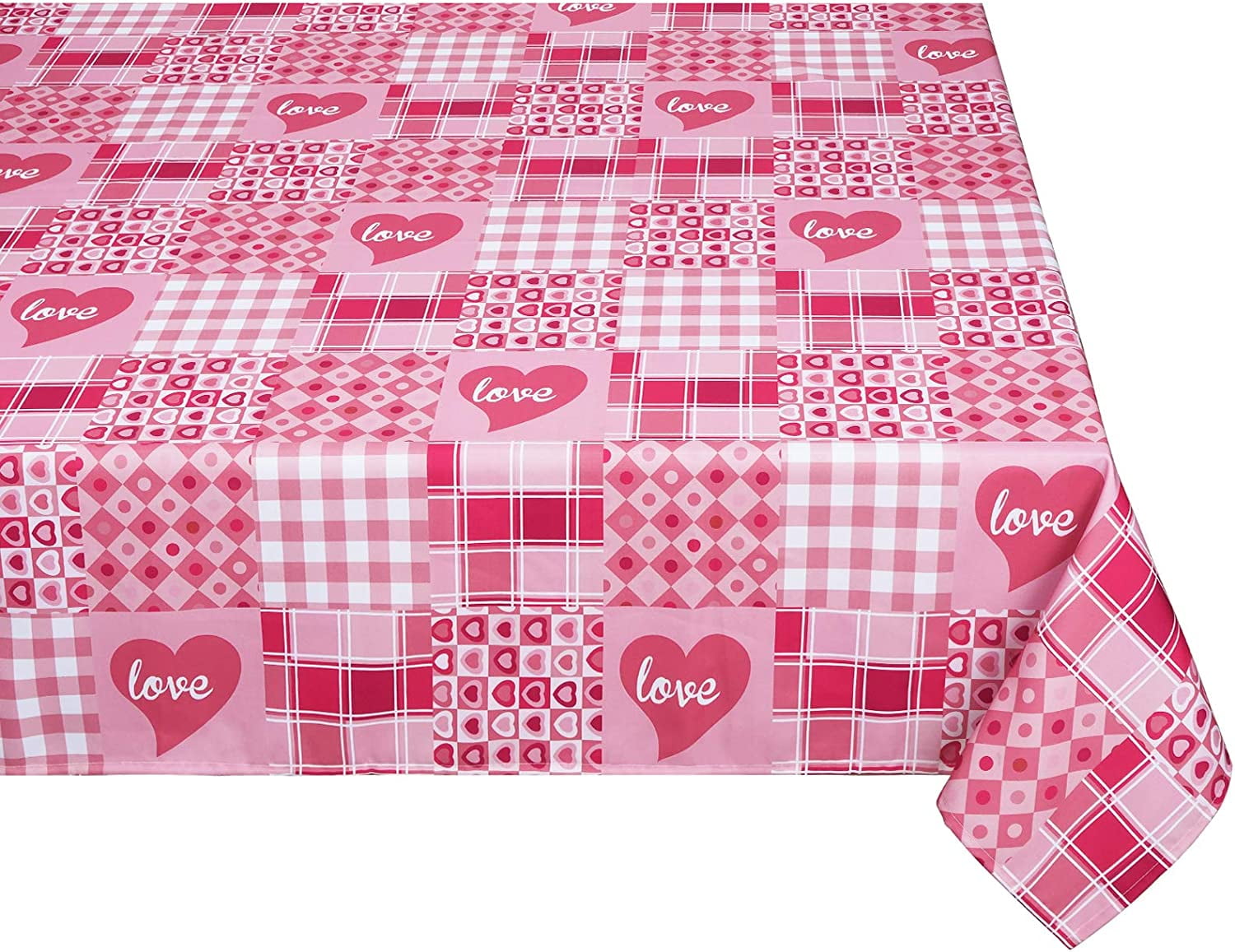 Valentine''s Day Tablecloth, Pink Love Heart Table Cloth, Plaid Checked