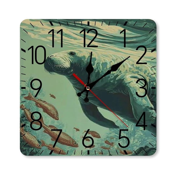 RKSupls 10×10inch Square Silent Wall Clock Wooden Frame, Manatee Fish Underwater Scale Decorative Clock for Home Bedroom Living Room Office