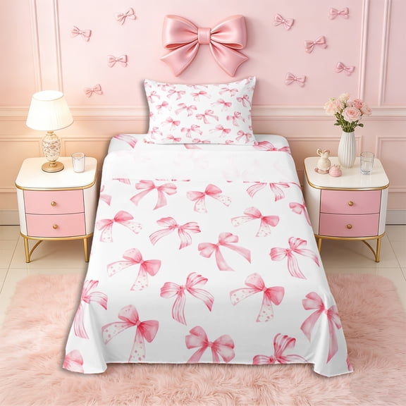 Erosebridal Girls Cartoon Stripes Bowknot Twin Sheet Sets 3pcs,Dreamy Princess Polka Dots Bow Bedding for Teens Women,Ultra Soft Home Decor