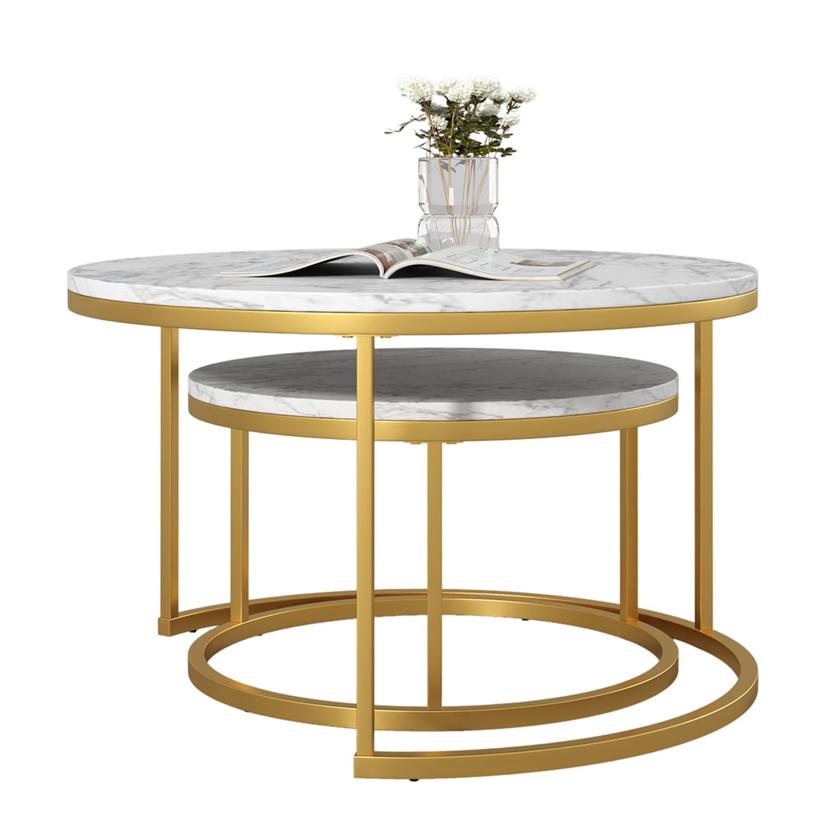 Resenkos Marble Coffee Tables, Round Nesting Side Tables with Gold Metal Frame, White&Gold, Set of 2 Resenkos Marble Coffee Tables, Round Nesting Side Tables with Gold Metal Frame, White&Gold, Set of 2