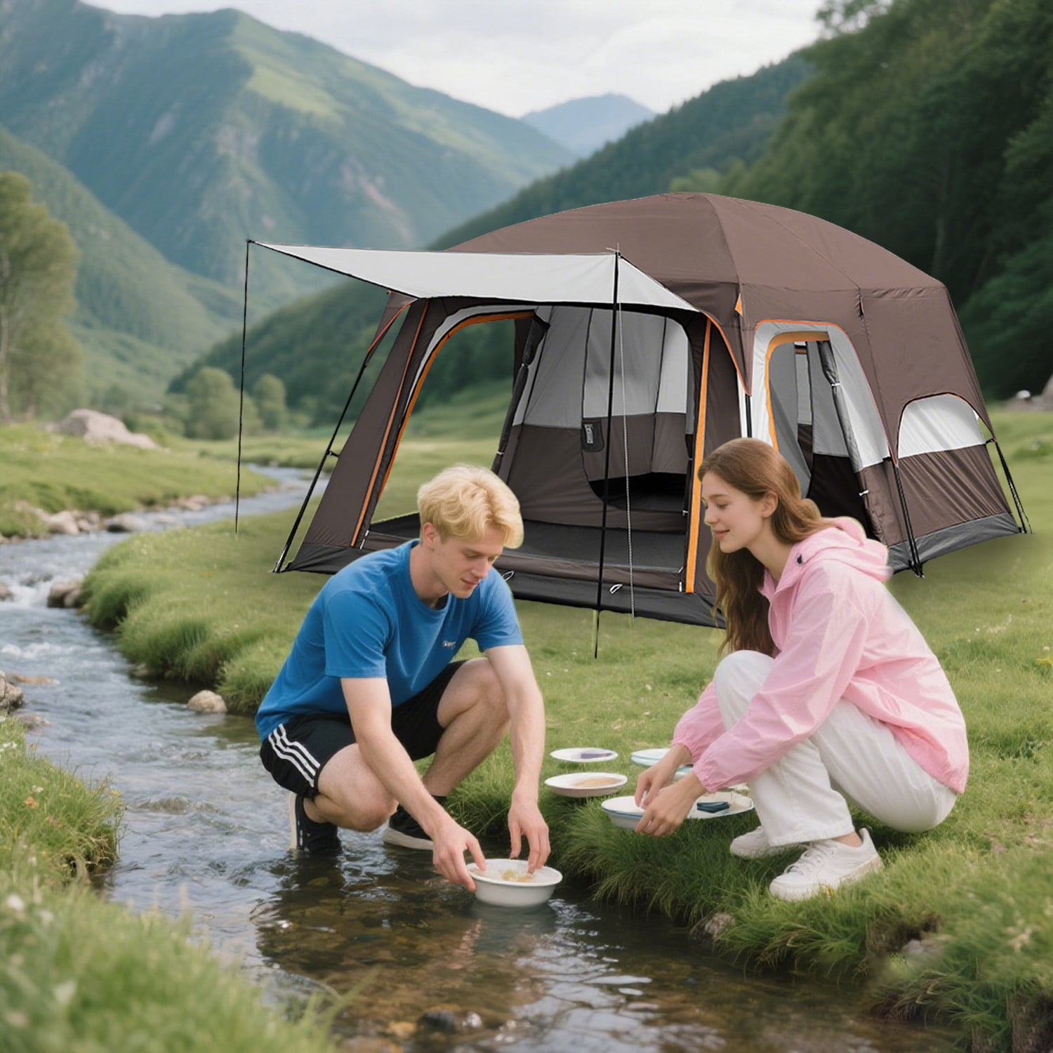 KFeng 8 Person Tents for Camping - 2Rooms 3Doors&3Windows Mesh,Suitable for Outdoor/Picnic,Brown