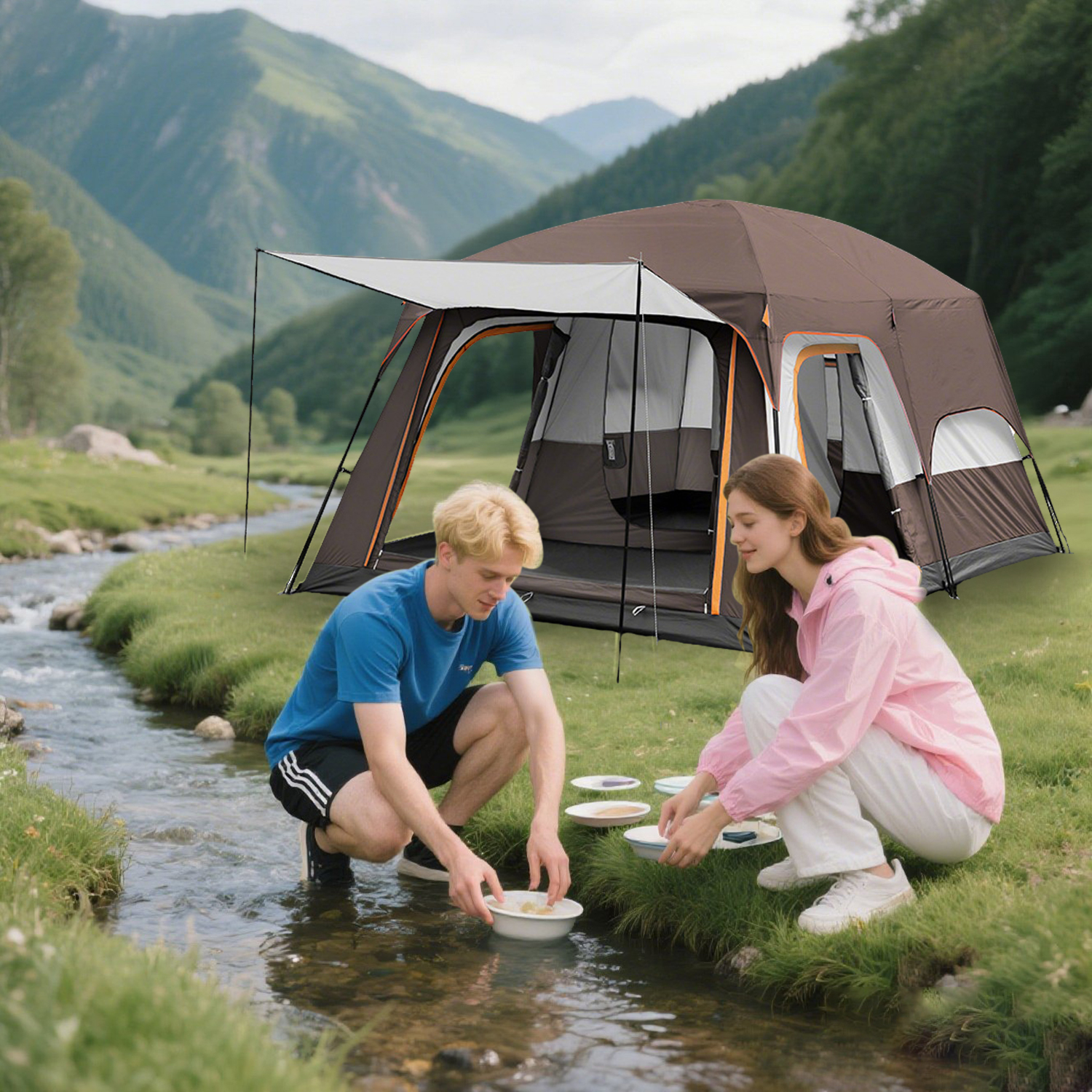 SHIBAILI Carpa Familiar para 12 Personas con Porche, Excelente Ventilación, Impermeable y Espaciosa de Doble Uso para Jardín y Exteriores, Marrón 2