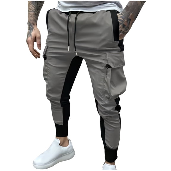 LEKWK Mens Cargo Joggers Slim Fit Color Block Cargo Sweatpants Soft Knit Jogger Pants Elastic Waist Drawstring Workout Pants Athletic Streetwear Outfits