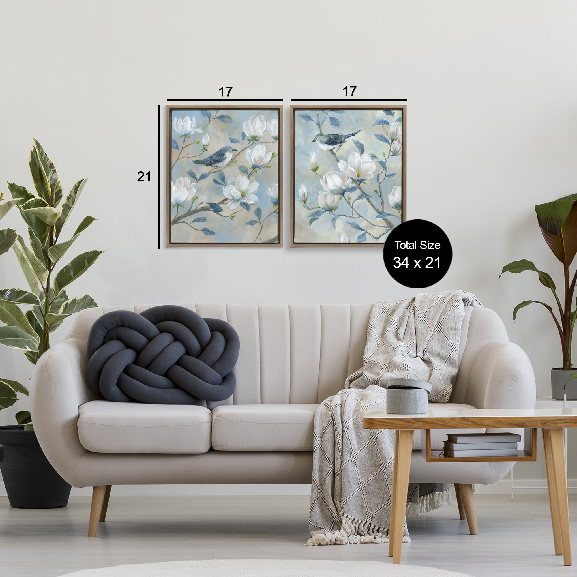 Stupell Industries Blue Birds in Magnolia Tree 2 Piece Brown Framed Floater Canvas Set, design by Nan