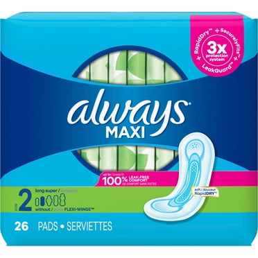 Always, Maxi Pads for Women, Size 2, Long Super Absorbency 26 Count