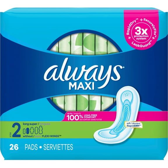 Always, Maxi Pads for Women, Size 2, Long Super Absorbency 26 Count