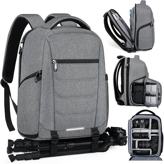 RAINSMORE 14 Inch Laptop Bag Camera Backpack with Rain Cover Anti Theft Travel Case Waterproof Large Capacity Photography Backpack,Black